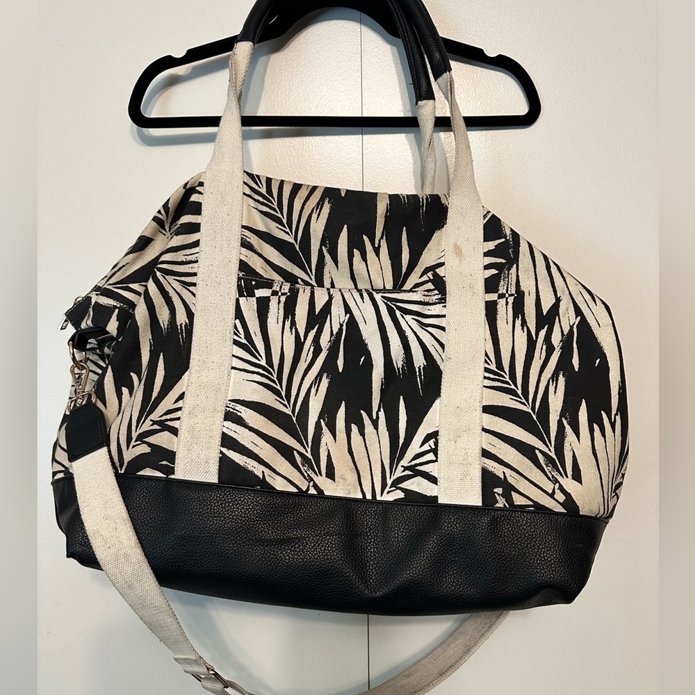 Tropical print duffle/side strap bag - black & white, condition noted in picture